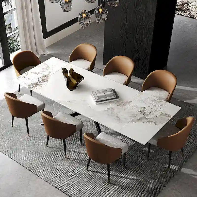 Table à manger extensible en pierre frittée, 200–280 cm, 8 à 10 places, piètement en métal en croix