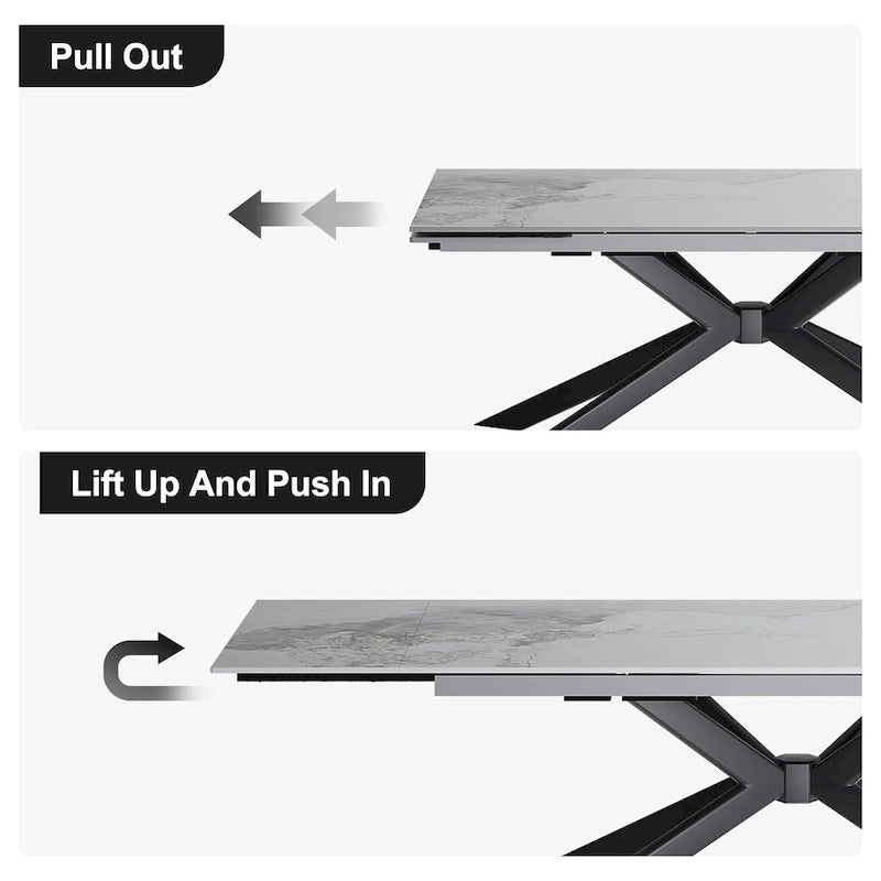 Table à manger extensible en pierre frittée, 200–280 cm, 8 à 10 places, piètement en métal en croix