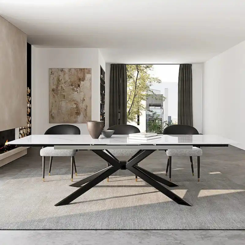 Table à manger extensible en pierre frittée, 200–280 cm, 8 à 10 places, piètement en métal en croix