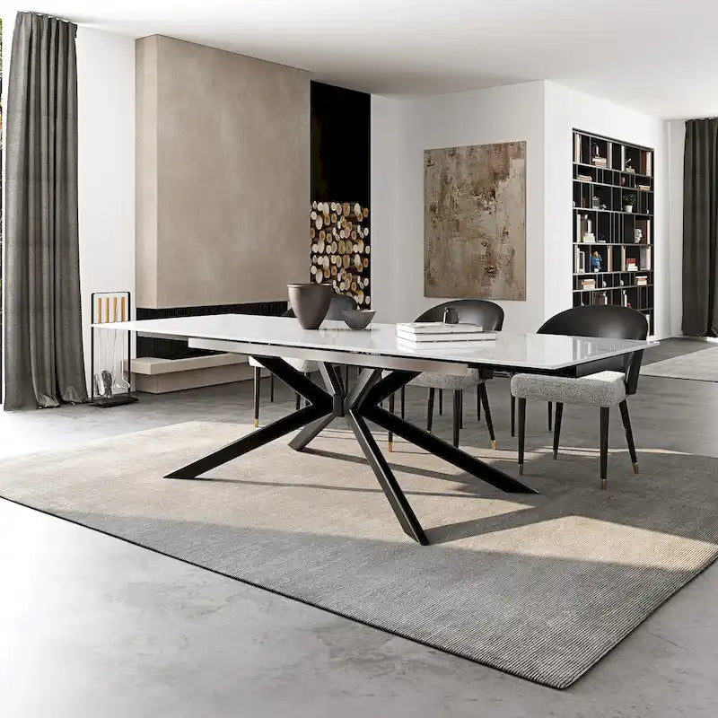 Table à manger extensible en pierre frittée, 200–280 cm, 8 à 10 places, piètement en métal en croix