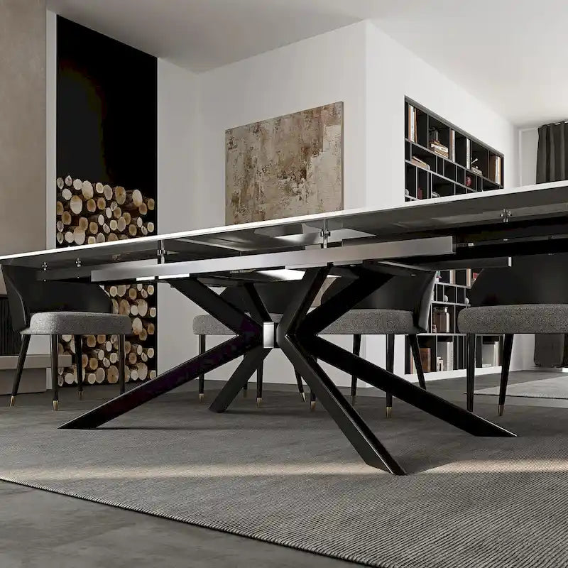 Table à manger extensible en pierre frittée, 200–280 cm, 8 à 10 places, piètement en métal en croix