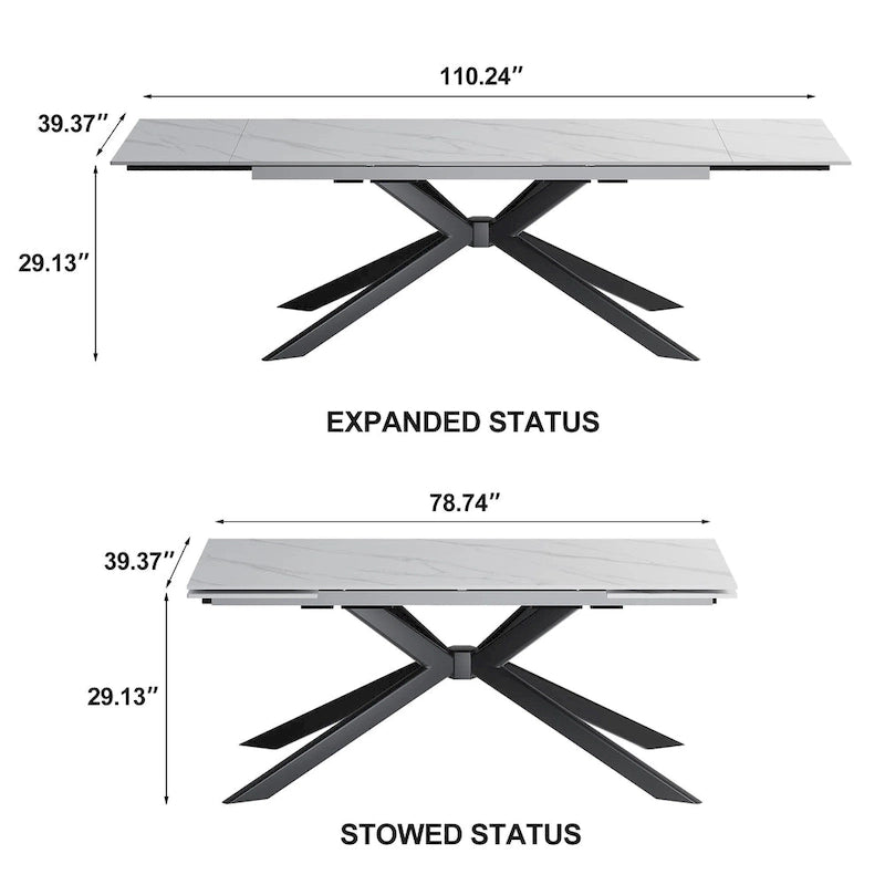 Table à manger extensible en pierre frittée, 200–280 cm, 8 à 10 places, piètement en métal en croix