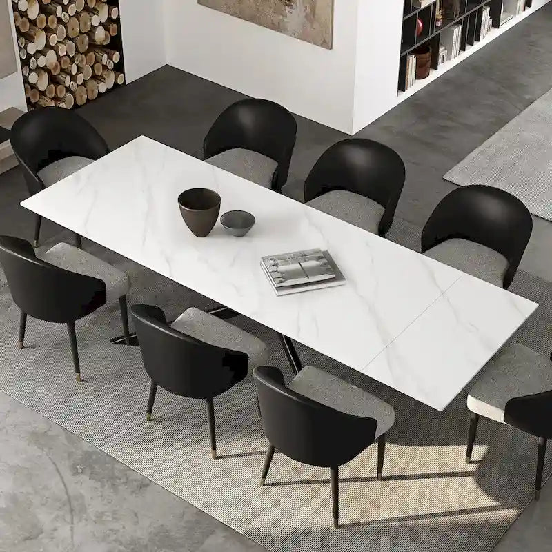 Table à manger extensible en pierre frittée, 200–280 cm, 8 à 10 places, piètement en métal en croix