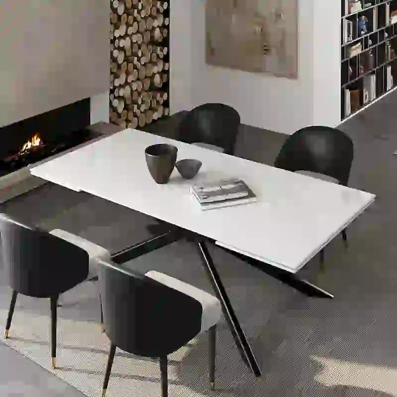 Table à manger extensible en pierre frittée, 200–280 cm, 8 à 10 places, piètement en métal en croix