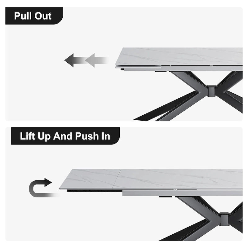 Table à manger extensible en pierre frittée, 200–280 cm, 8 à 10 places, piètement en métal en croix
