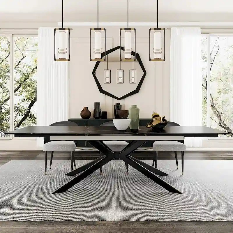 Table à manger extensible en pierre frittée, 200–280 cm, 8 à 10 places, piètement en métal en croix