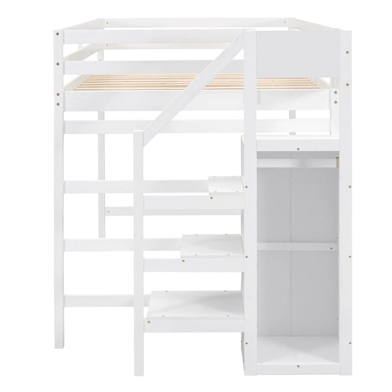 Lit mezzanine pleine grandeur avec armoire de rangement et escalier
