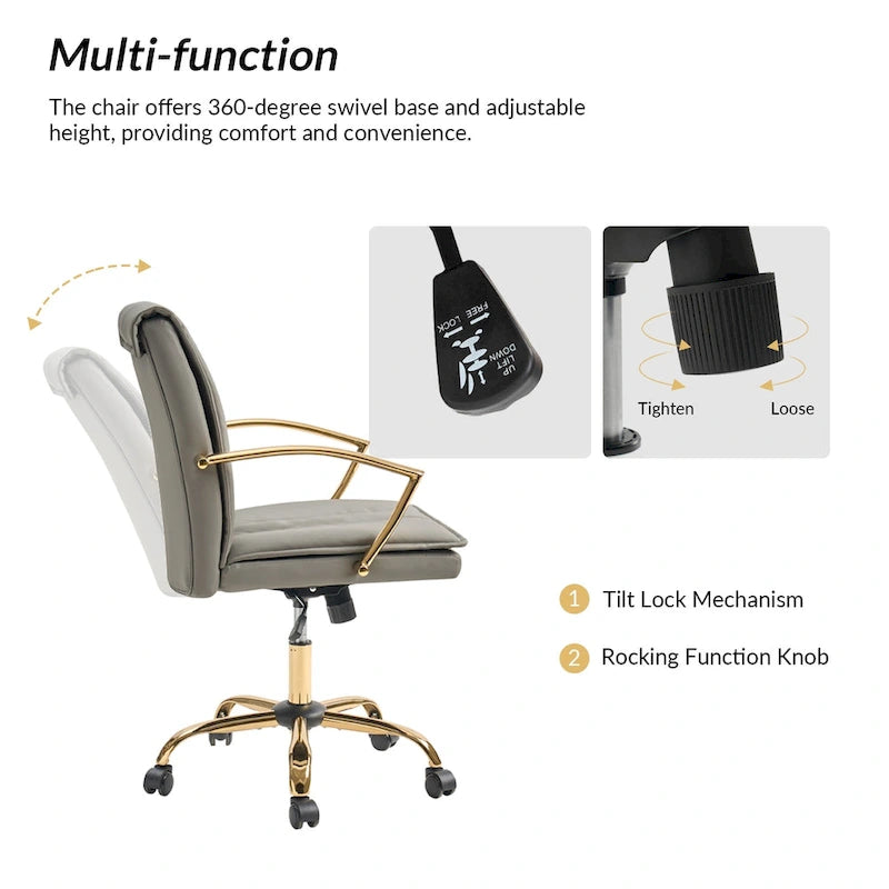 Fauteuil de bureau à bascule moderne avec piètement en métal doré et revêtement en similicuir