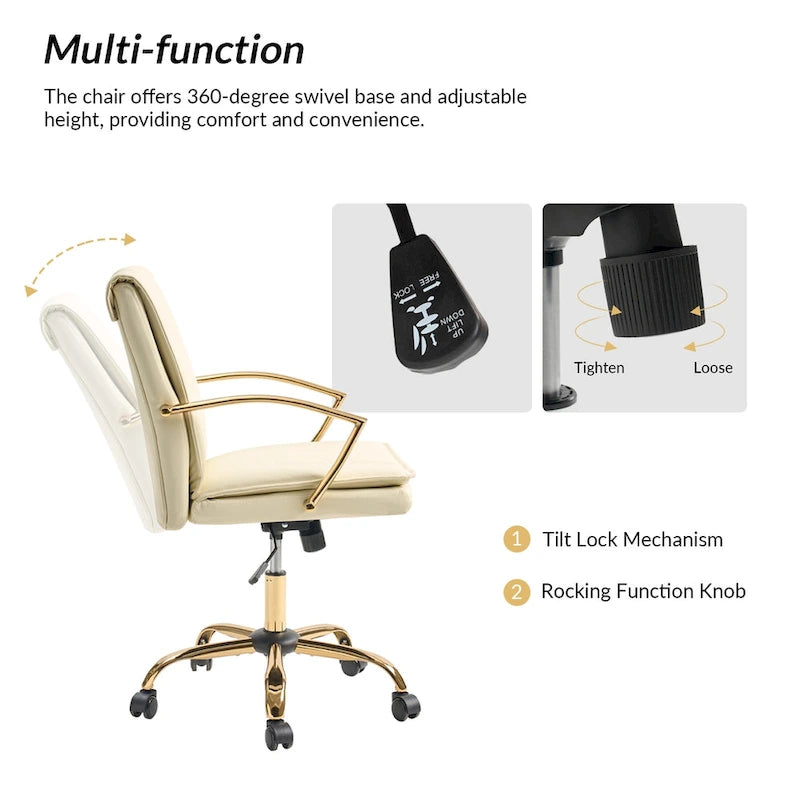 Fauteuil de bureau à bascule moderne avec piètement en métal doré et revêtement en similicuir