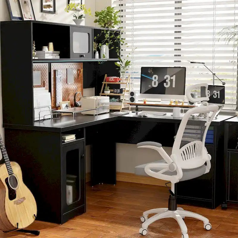 Bureau d'angle en L avec huche et classeur
