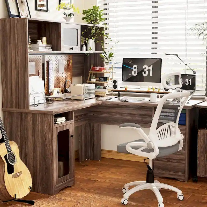 Bureau d'angle en L avec huche et classeur