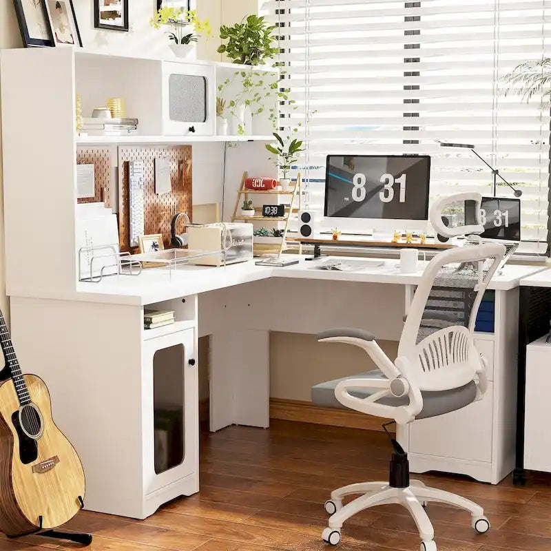 Bureau d'angle en L avec huche et classeur
