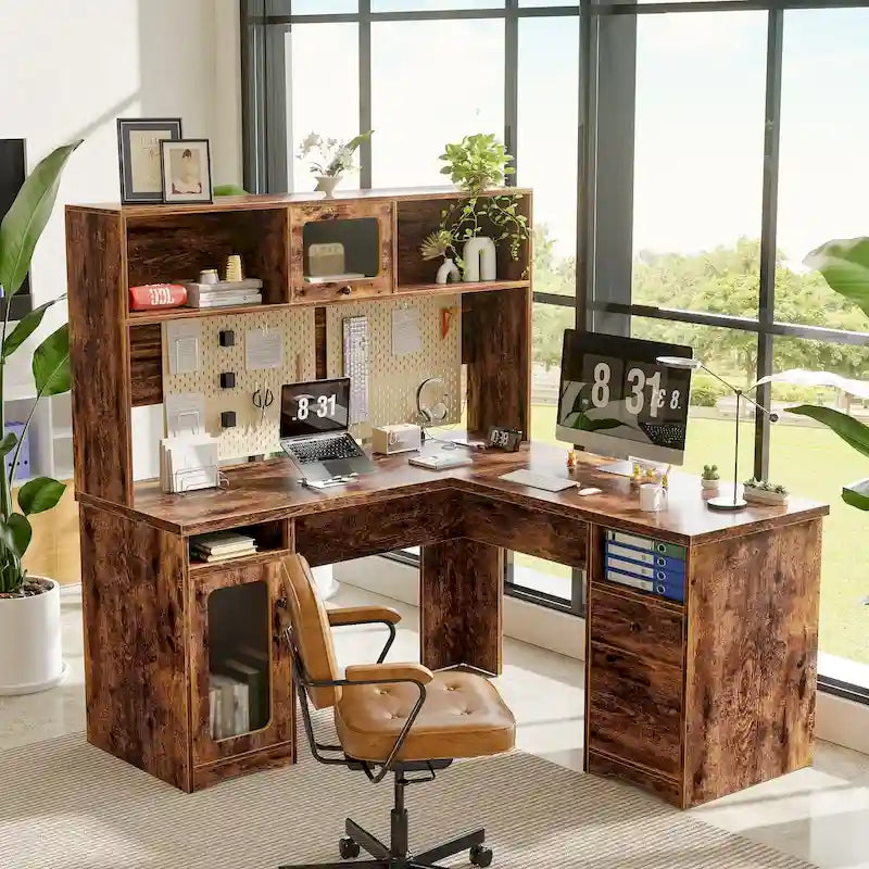 Bureau d'angle en L avec huche et classeur