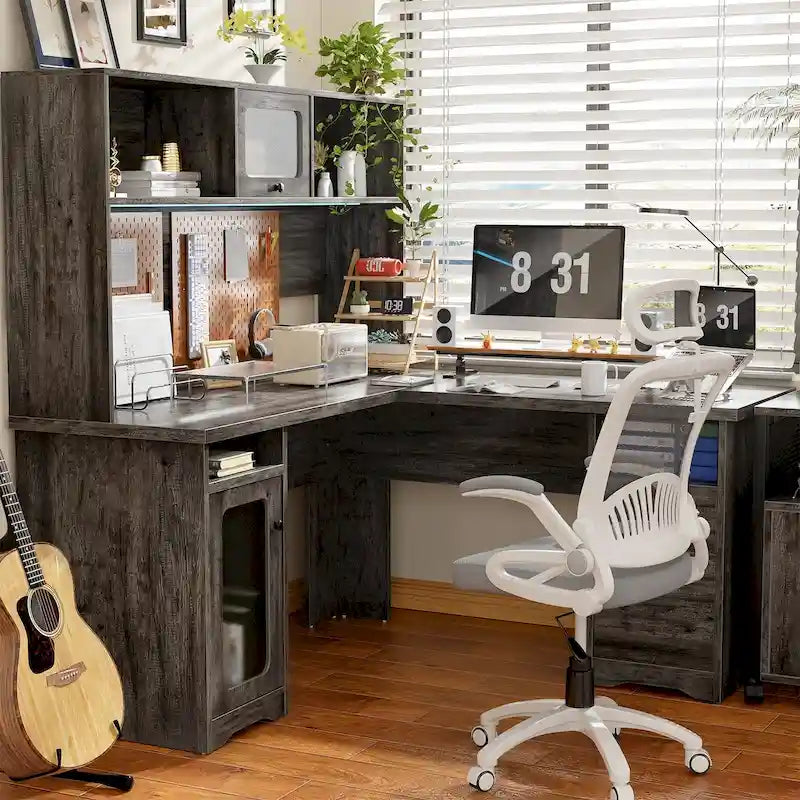 Bureau d'angle en L avec huche et classeur
