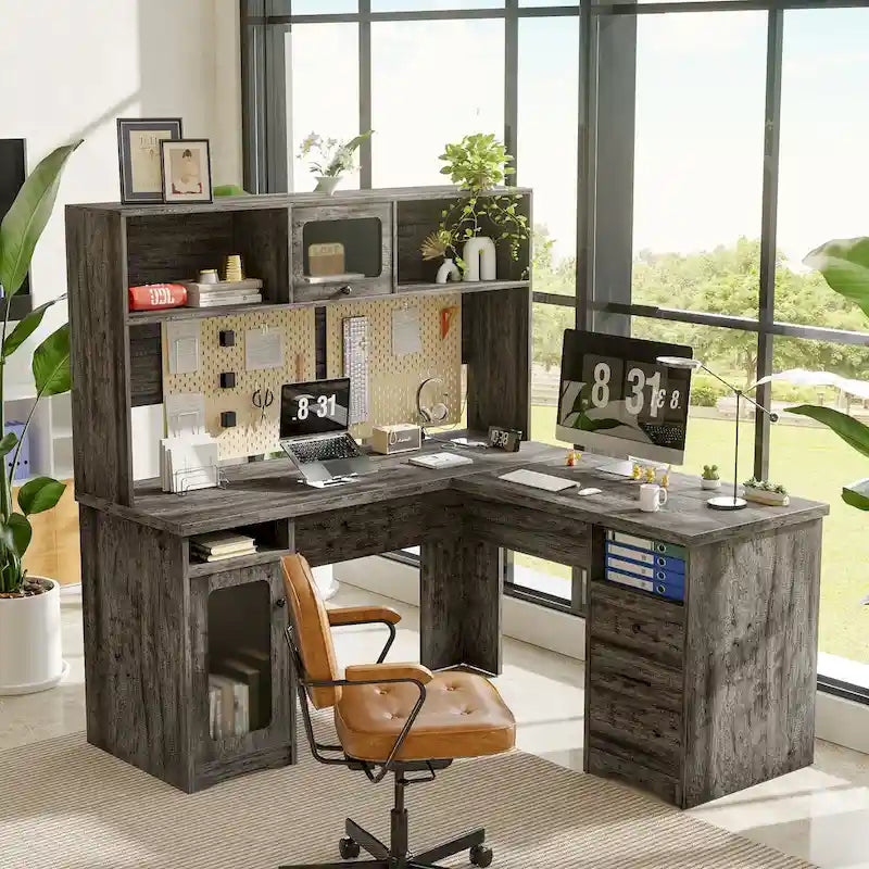 Bureau d'angle en L avec huche et classeur