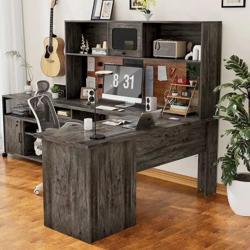 Bureau d'angle en L avec huche et classeur