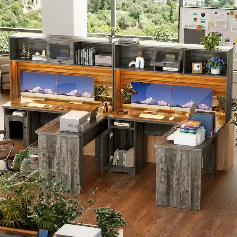 Bureau d'angle en L avec huche et classeur