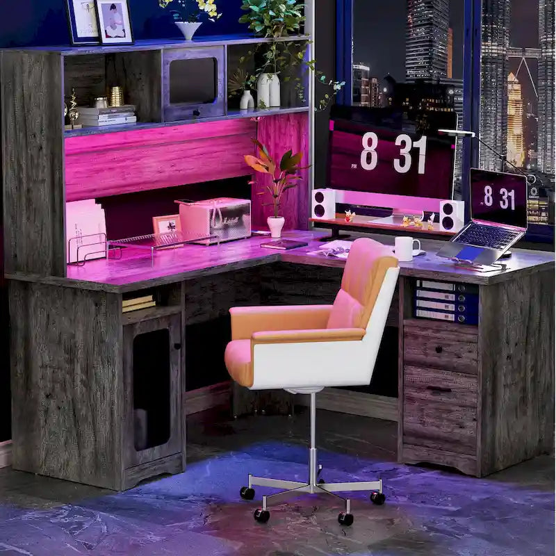 Bureau d'angle en L avec huche et classeur