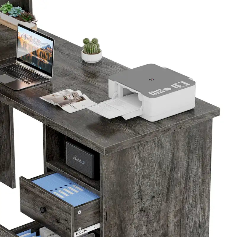 Bureau d'angle en L avec huche et classeur
