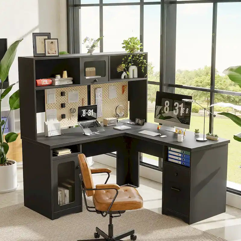Bureau d'angle en L avec huche et classeur