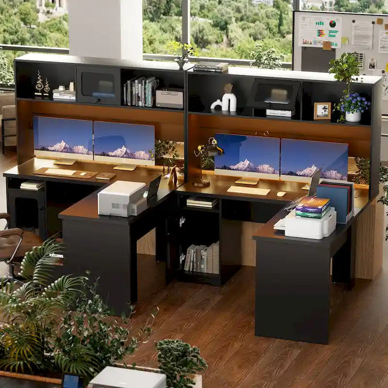 Bureau d'angle en L avec huche et classeur