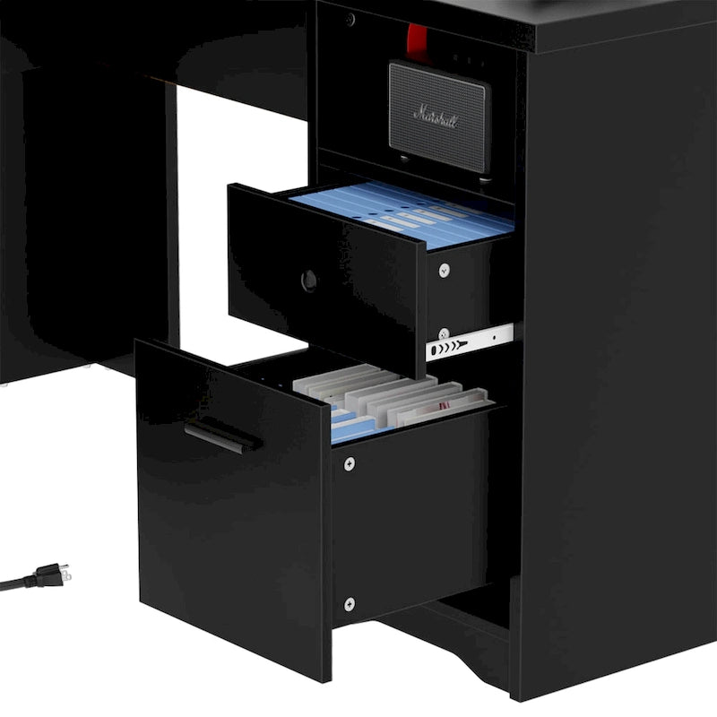 Bureau d'angle en L avec huche et classeur