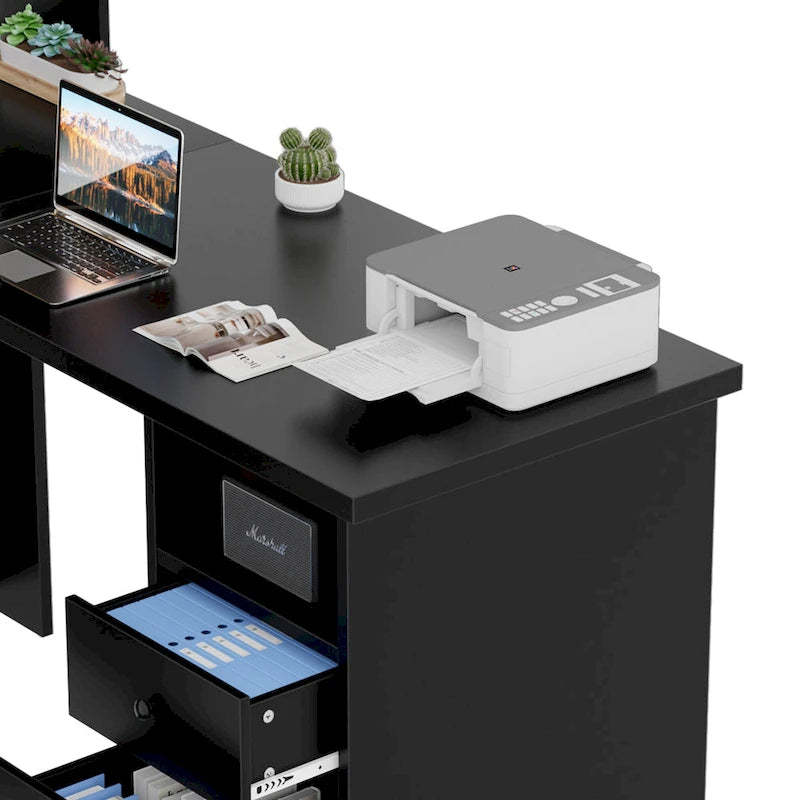 Bureau d'angle en L avec huche et classeur