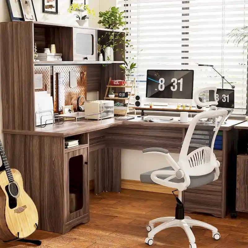Bureau d'angle en L avec huche et classeur