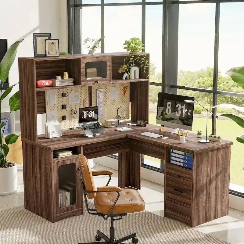 Bureau d'angle en L avec huche et classeur