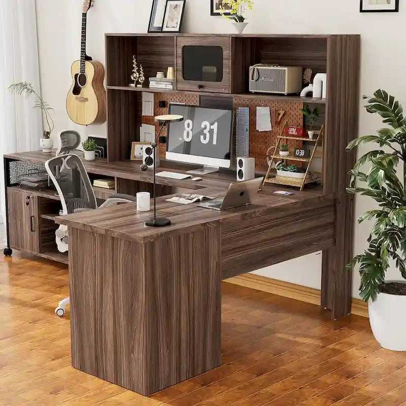 Bureau d'angle en L avec huche et classeur