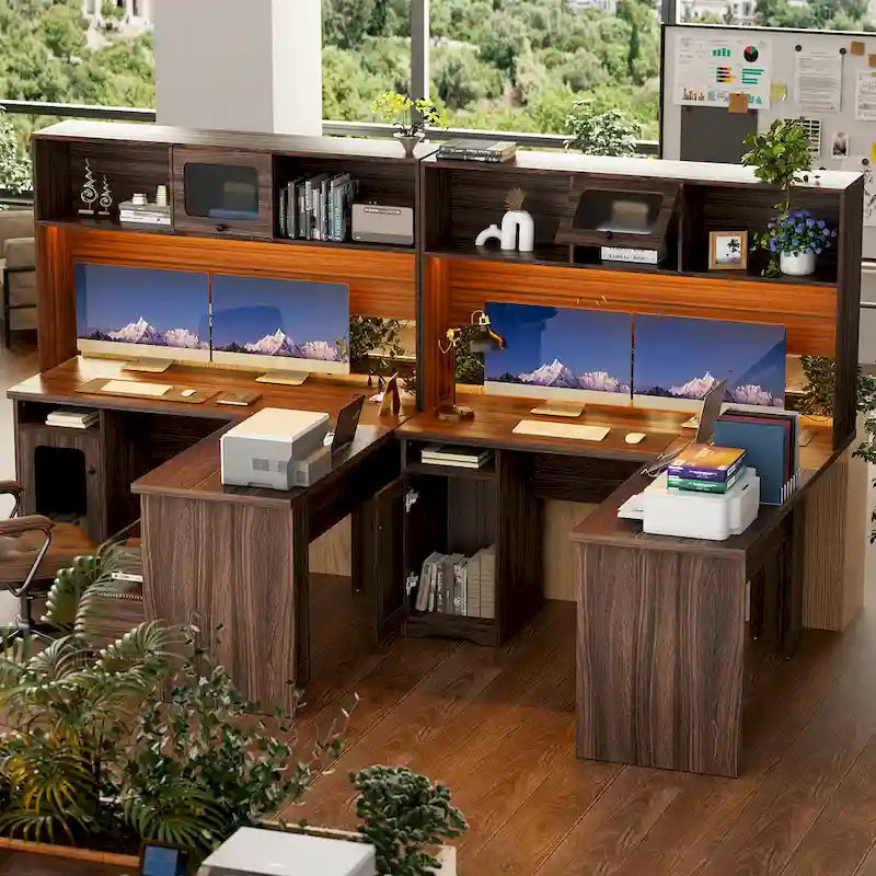 Bureau d'angle en L avec huche et classeur