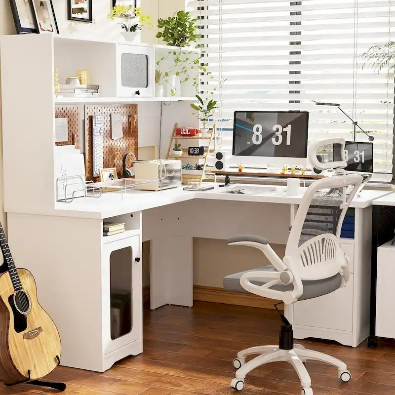 Bureau d'angle en L avec huche et classeur