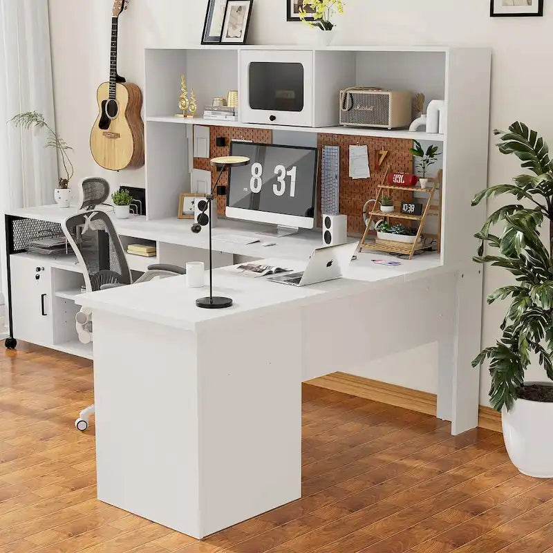 Bureau d'angle en L avec huche et classeur