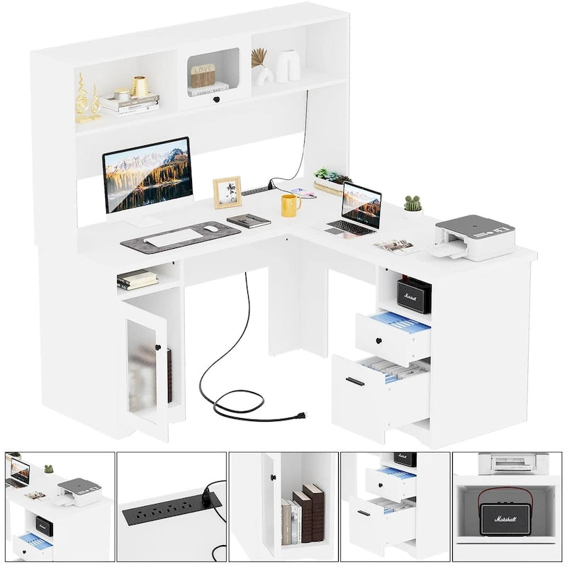 Bureau d'angle en L avec huche et classeur