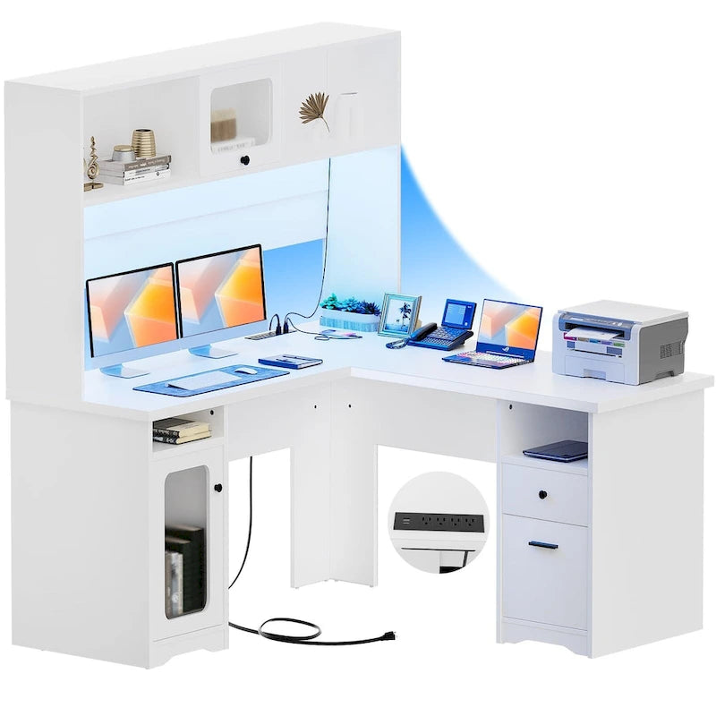 Bureau d'angle en L avec huche et classeur