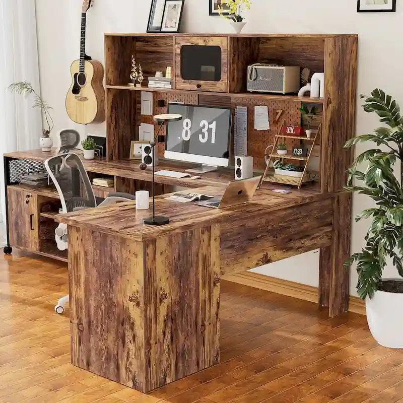 Bureau d'angle en L avec huche et classeur