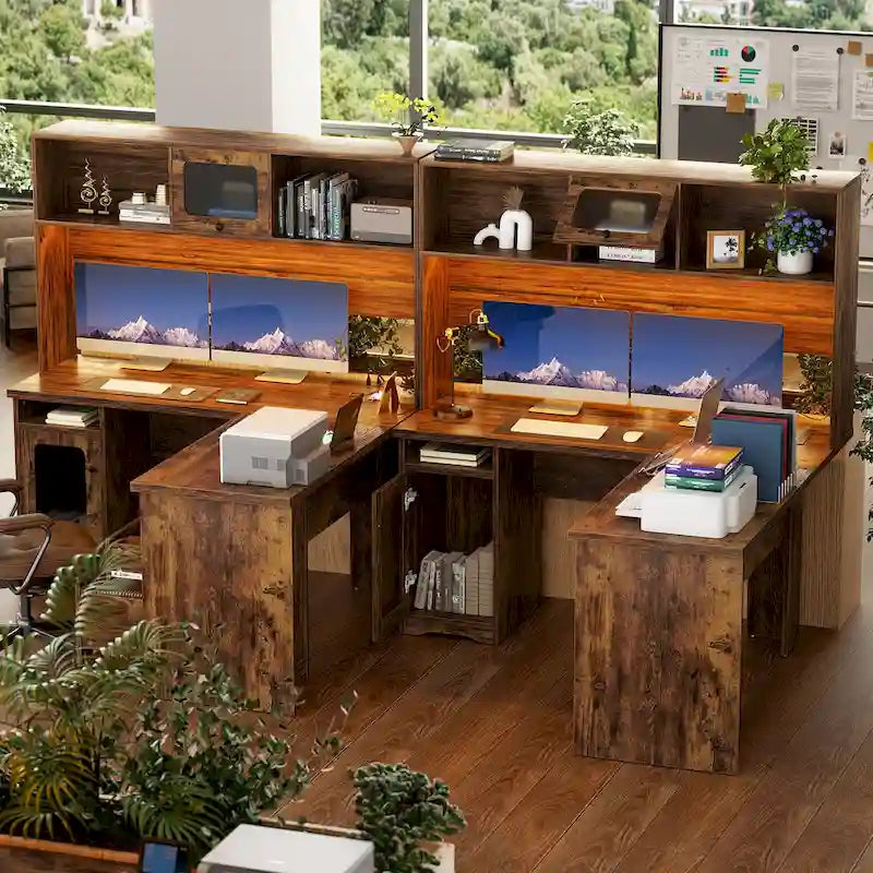 Bureau d'angle en L avec huche et classeur