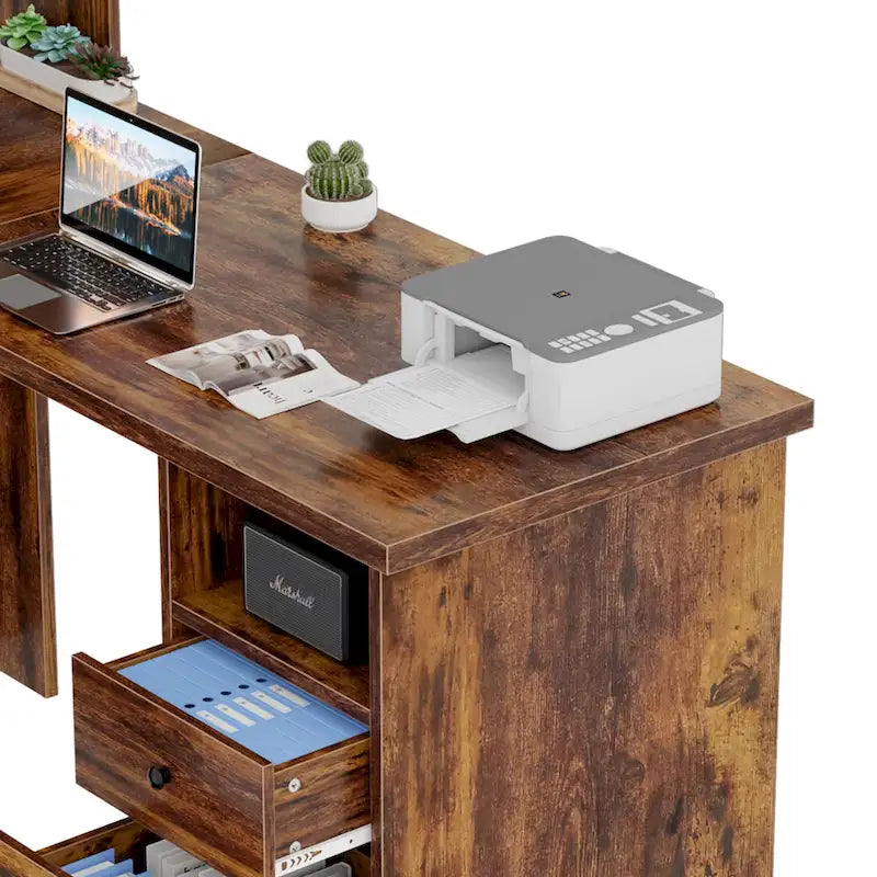 Bureau d'angle en L avec huche et classeur