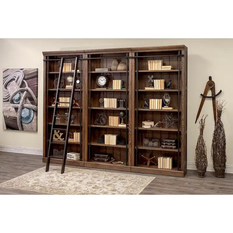 Mur de bibliothèque de 2,4 m de haut avec échelle, espace de rangement et étagère de présentation