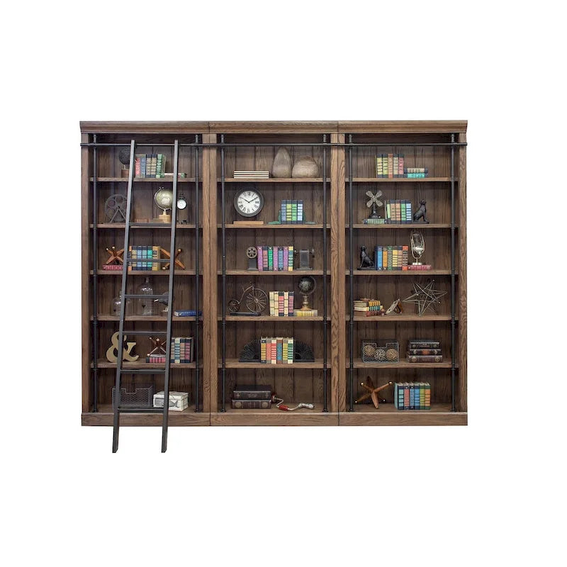 Mur de bibliothèque de 2,4 m de haut avec échelle, espace de rangement et étagère de présentation