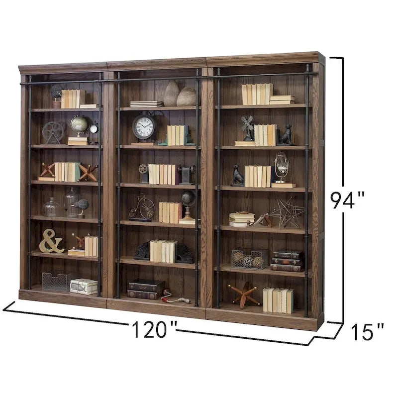 Mur de bibliothèque de 2,4 m de haut avec échelle, espace de rangement et étagère de présentation