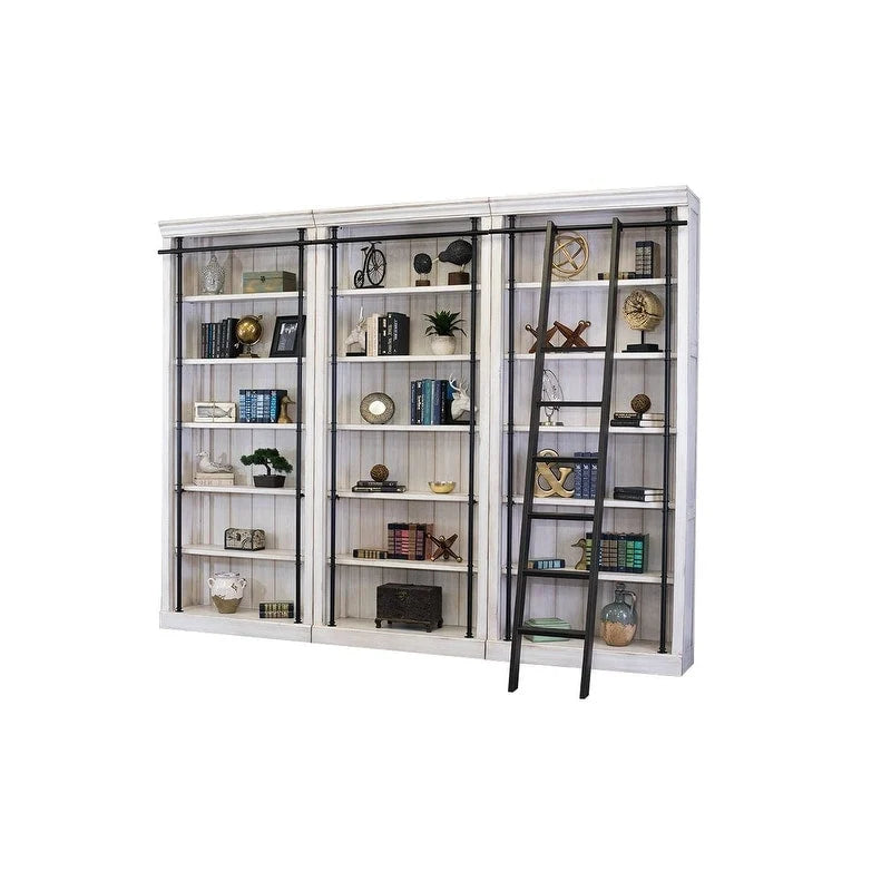 Mur de bibliothèque de 2,4 m de haut avec échelle, espace de rangement et étagère de présentation