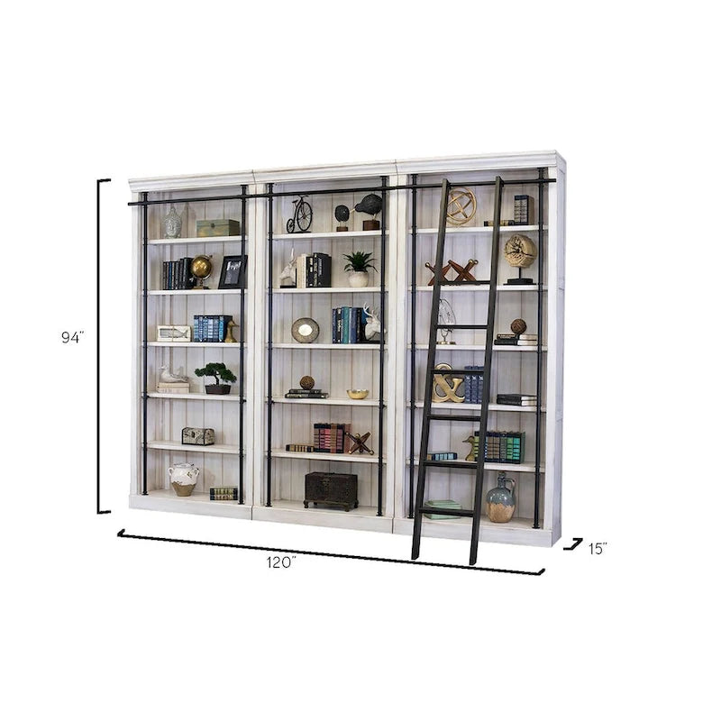Mur de bibliothèque de 2,4 m de haut avec échelle, espace de rangement et étagère de présentation