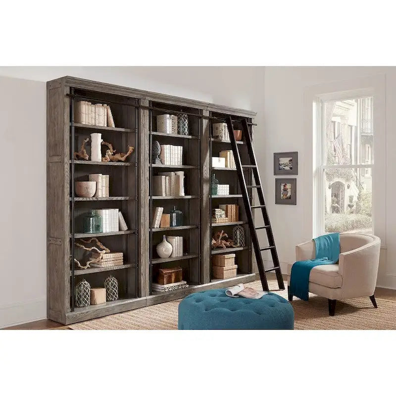 Mur de bibliothèque de 2,4 m de haut avec échelle, espace de rangement et étagère de présentation