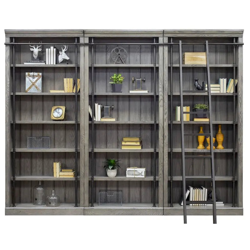 Mur de bibliothèque de 2,4 m de haut avec échelle, espace de rangement et étagère de présentation