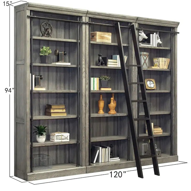Mur de bibliothèque de 2,4 m de haut avec échelle, espace de rangement et étagère de présentation