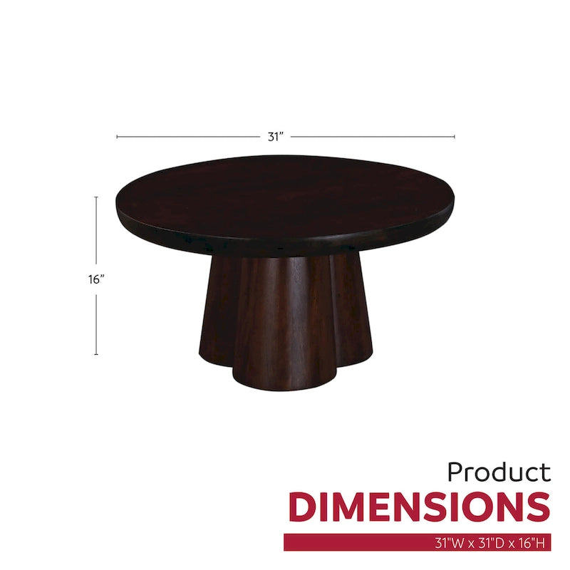 Table basse ronde sur pied de 31 po en manguier massif, fini noyer
