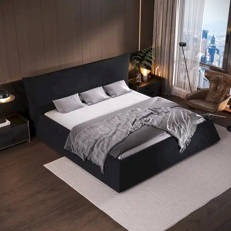 Lit plateforme King en velours avec tête de lit rembourrée