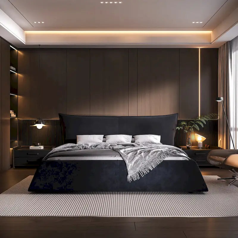 Lit plateforme King en velours avec tête de lit rembourrée