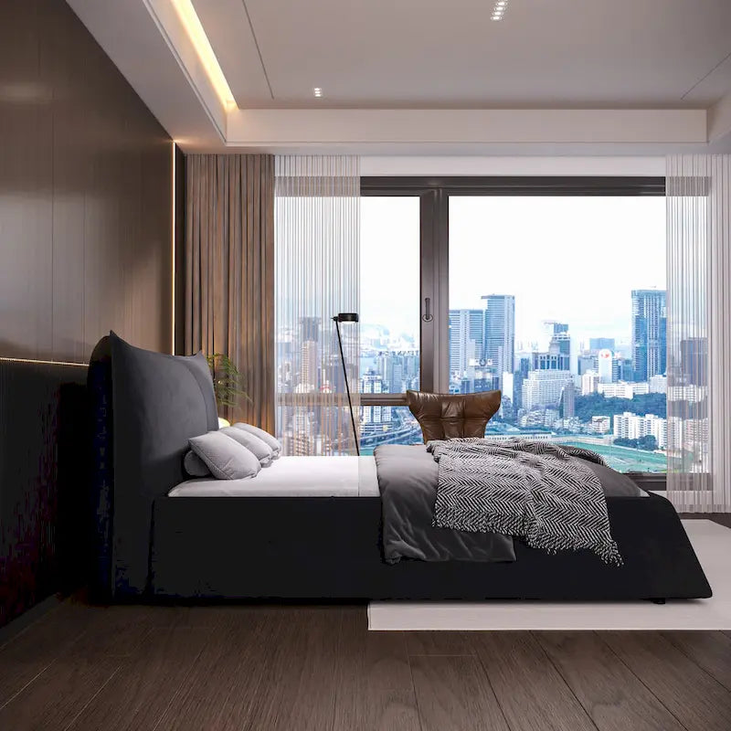 Lit plateforme King en velours avec tête de lit rembourrée